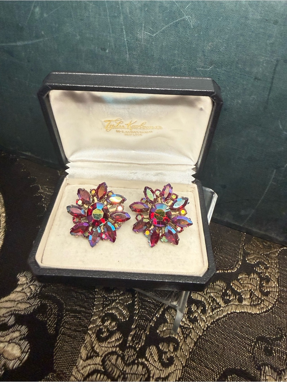 Vintage Red Aurora Borealis Floral Clip On Earrings